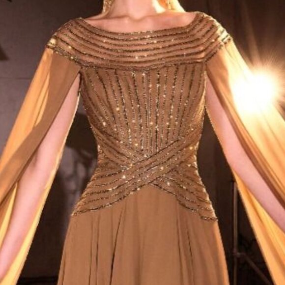 New Sequins Embellished Maxi Red Carpet Gown w/ Cape Sleeves & Boat Neck CD CL08 - Picture 9 of 10